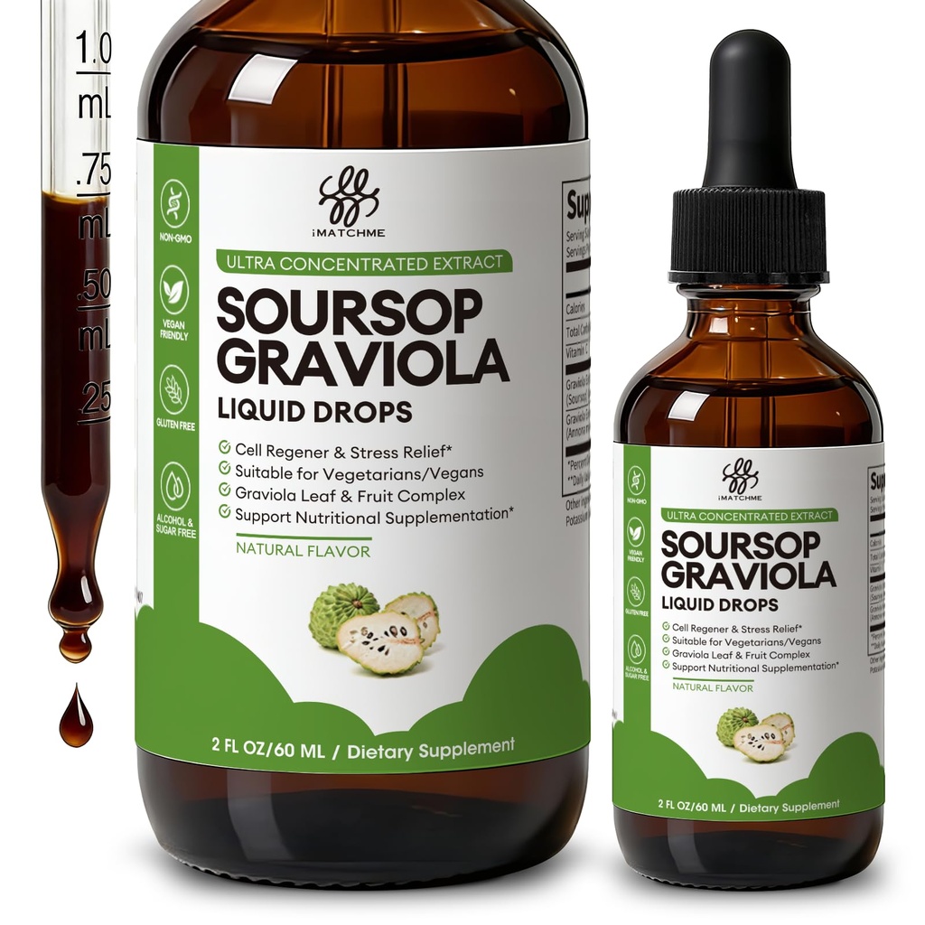 iMATCHME Soursop Graviola 액체 드롭 셀 지원 및 재생, 면역 시스템 및 Gut 건강 지원, 순수 Soursop Bitters 액체, 높은 흡수, 설탕 / 글루텐 무료, 천연 맛, 2 Fl Oz