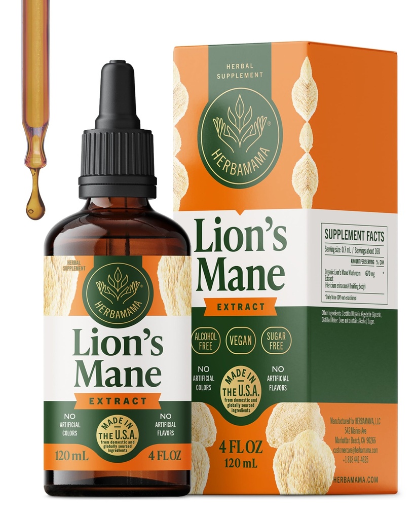 HERBAMA 사자 Mane Tincture - 사자 Mane 버섯 추출물과 Vegan Focus & Nerve 지원 - Hericium Erinaceus Brain Support Supplement - Non-GMO, 알코올 및 설탕 - 84 일 공급