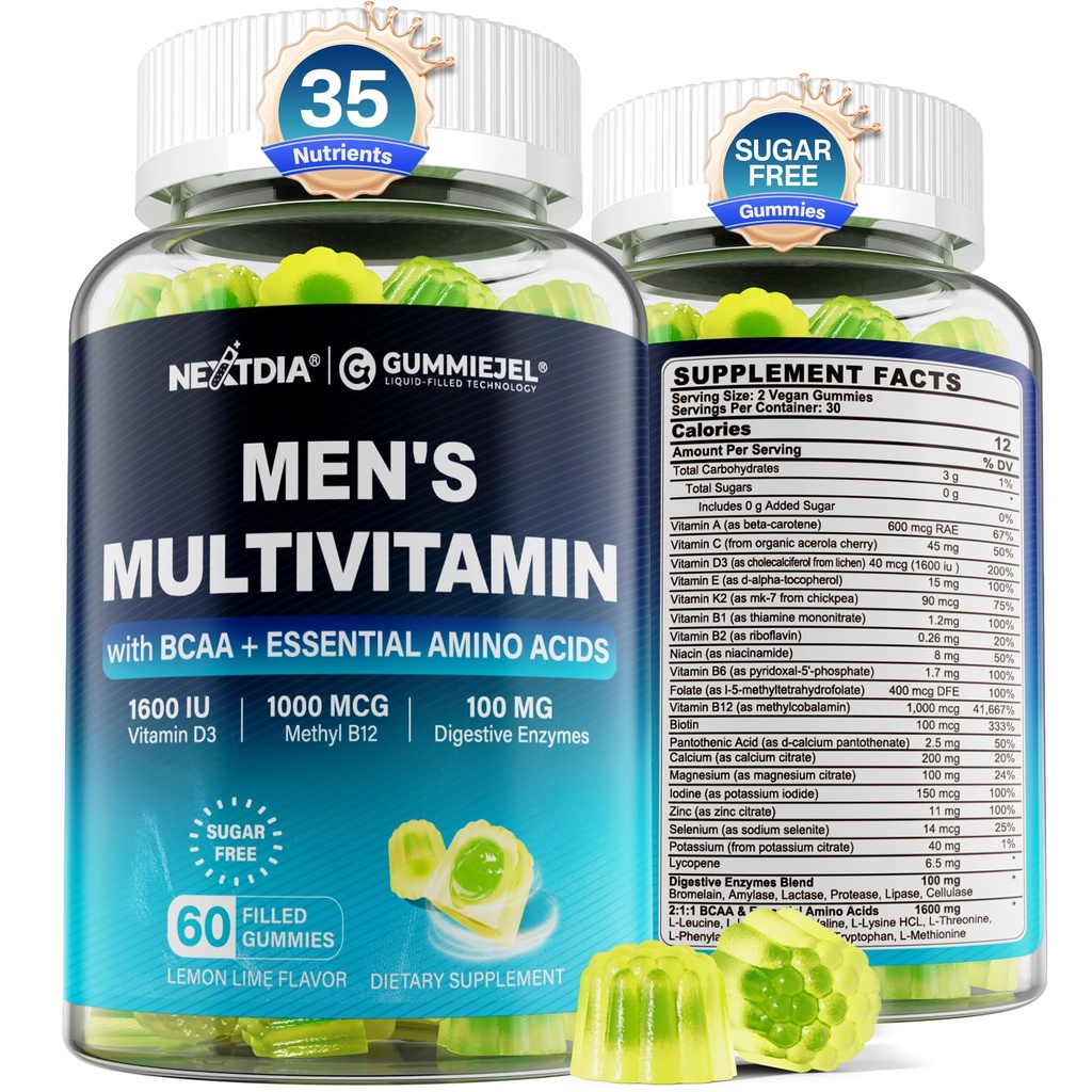 남성 Gummies, BCAA 아미노산, 아연, 매일 비타민 A C D3 E K2 B Complex, 칼슘, 마그네슘, 리코펜, 소화 효소 - 에너지, 면역, 근육 설탕, 채식주의자, 60Cts를 위한 메틸을 입힌 Multivitamin