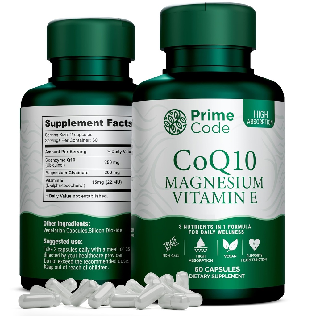 Prime Code [ 3 in 1] 마그네슘 글리세라이드와 비타민 E를 가진 CoQ10 250mg | CoQ10 캡슐 250mg | 마그네슘 글리세라이드 200mg | 비타민 E 15mg | Non-GMO | 글루텐&소이 무료 | Vegan