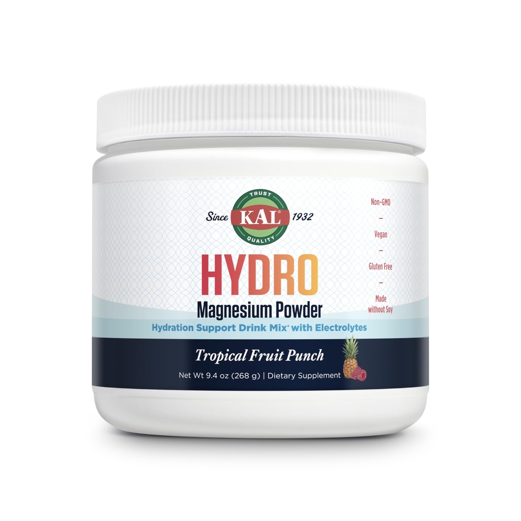 KAL Hydro Magnesium Plus Electrolytes Powder - 열대 과일 펀치 - 나트륨, 염화물, 칼륨 보충 - 하이드로 션 & 셀룰러 에너지 음료 혼합 - 설탕 없음 - 60 일 보증, 50 서빙, 9.4 온스