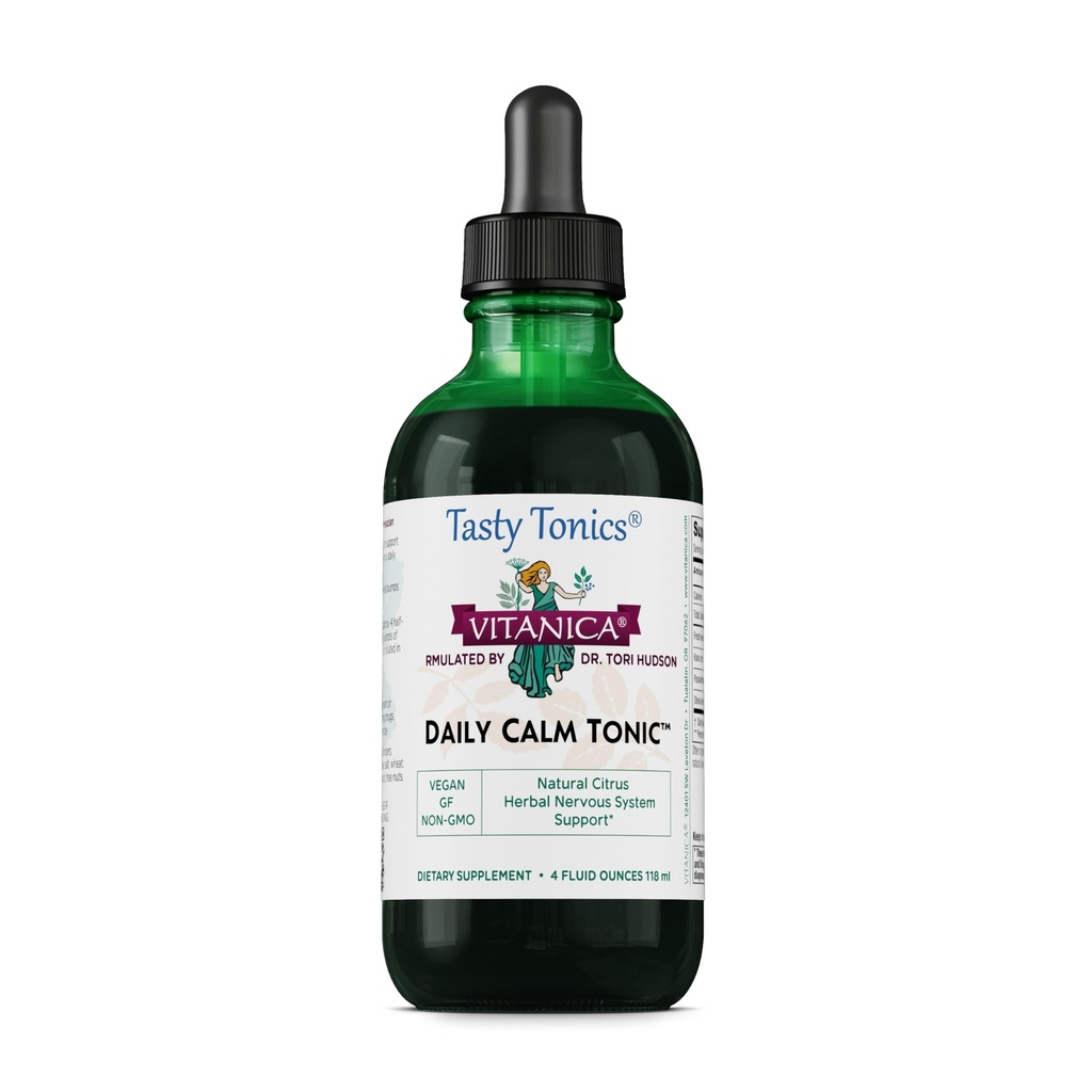Vitanica Daily Calm Tonic, 천연 액체 스트레스 완화 보충, 박사. 공식화, 유기 레몬 Balm, Kava Kava 및 열정 꽃, 여성, 남성 및 성인, Vegan, 4 Ounce (Daily Calm Tonic)