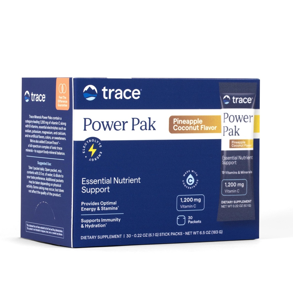 Trace Minerals Power Pak Multivitamin 및 Multimineral Packets - 전해질 지원 - 1200 mg 비타민 C 플러스 70 + 추적 미네랄 - 파인애플 코코넛 맛 - 30 패킷