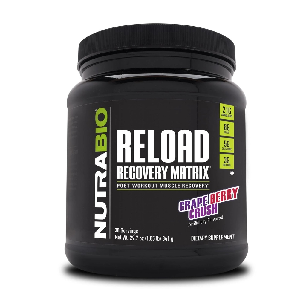NutraBio Reload - 강력한 근육 회복 공식 - 포스트 운동 보충 - 3G Creatine - 8G BCAAs - 5G 글루타민 - 30 서빙, 포도 베리 크러시