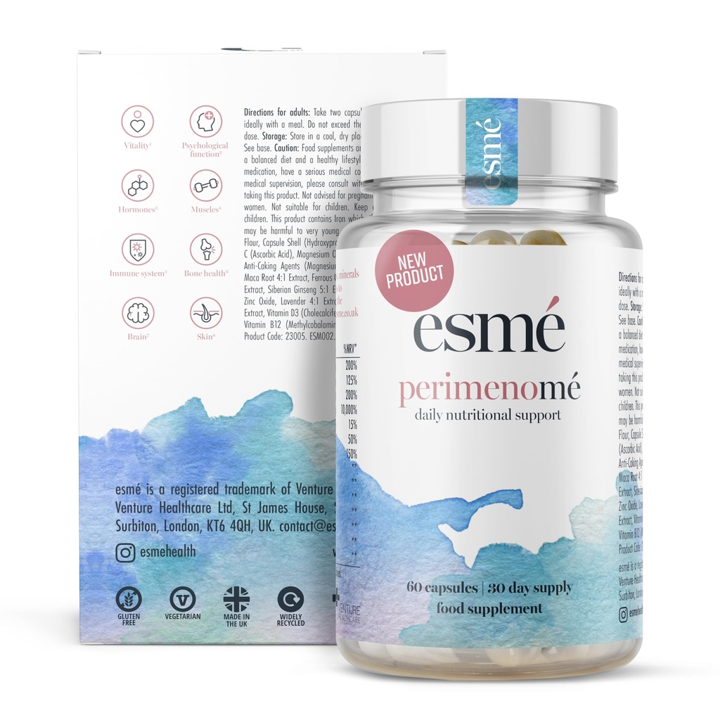 Esme Menopause 보조 식품 Perimenopause 보조 식품 1 개월 공급 - Menopause의 초기 단계에 대한 일일 지원 - 60 캡슐 - Ashwagandha, 비타민 및 레드 클로버 포함