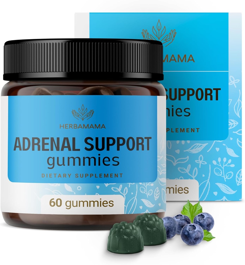 HERBAMAMA Adrenal 지원 Gummies - Ashwagandha 뿌리, Rhodiola Rosea & Magnesium - Vegan, Non-GMO - 60 Pectin-Based Blueberry-Flavored Chews를 가진 여성을 위한 순수한 Adrenal 복잡한 보충교재