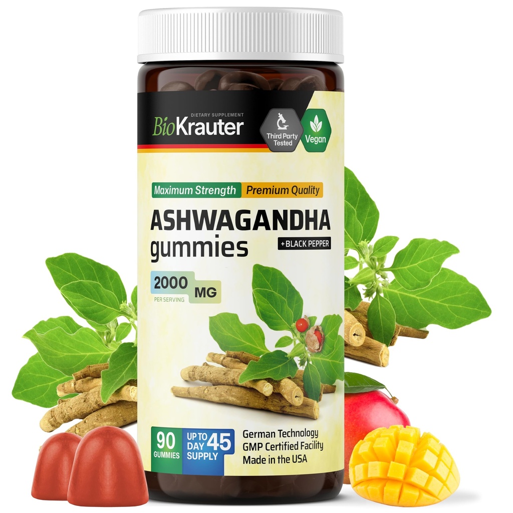 BIO KRAUTER Ashwagandha Gummies for Women & Men - 2000 mg 힘 - 계류 지원을위한 90 Chews - Chewable Ashwagandha 보충제 - 채식 - 망고 풍미