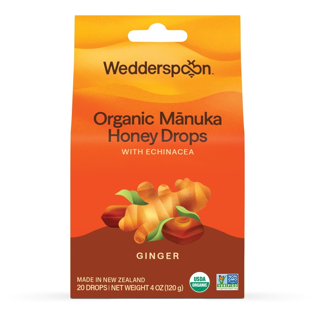 Wedderspoon Organic Manuka Honey Drops, Ginger & Echinacea, 20 Count (Pack of 1) | 정품 뉴질랜드 꿀 | 드라이 스로트를위한 완벽한 Remedy