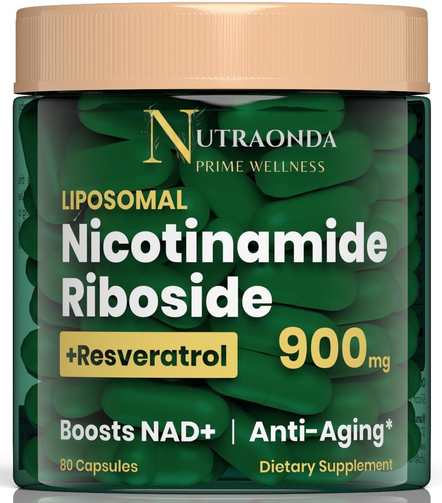 Liposomal 니코틴 아미드 Riboside 900mg Resveratrol & Quercetin - 노화 방지, 세포 에너지 및 건강 개선을위한 NAD 보충 플러스 - 80 캡슐