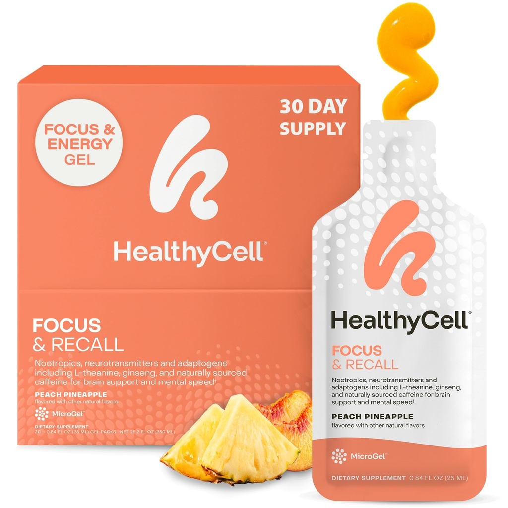 Healthycell Focus & Recall, 초점 & 기억을 위한 매일 액체 뇌 보충교재 - L-Theanine, Omega-3 & Taurine를 가진 농축 & Alertness를 위한 Nootropics 보충교재 - 30 젤 팩