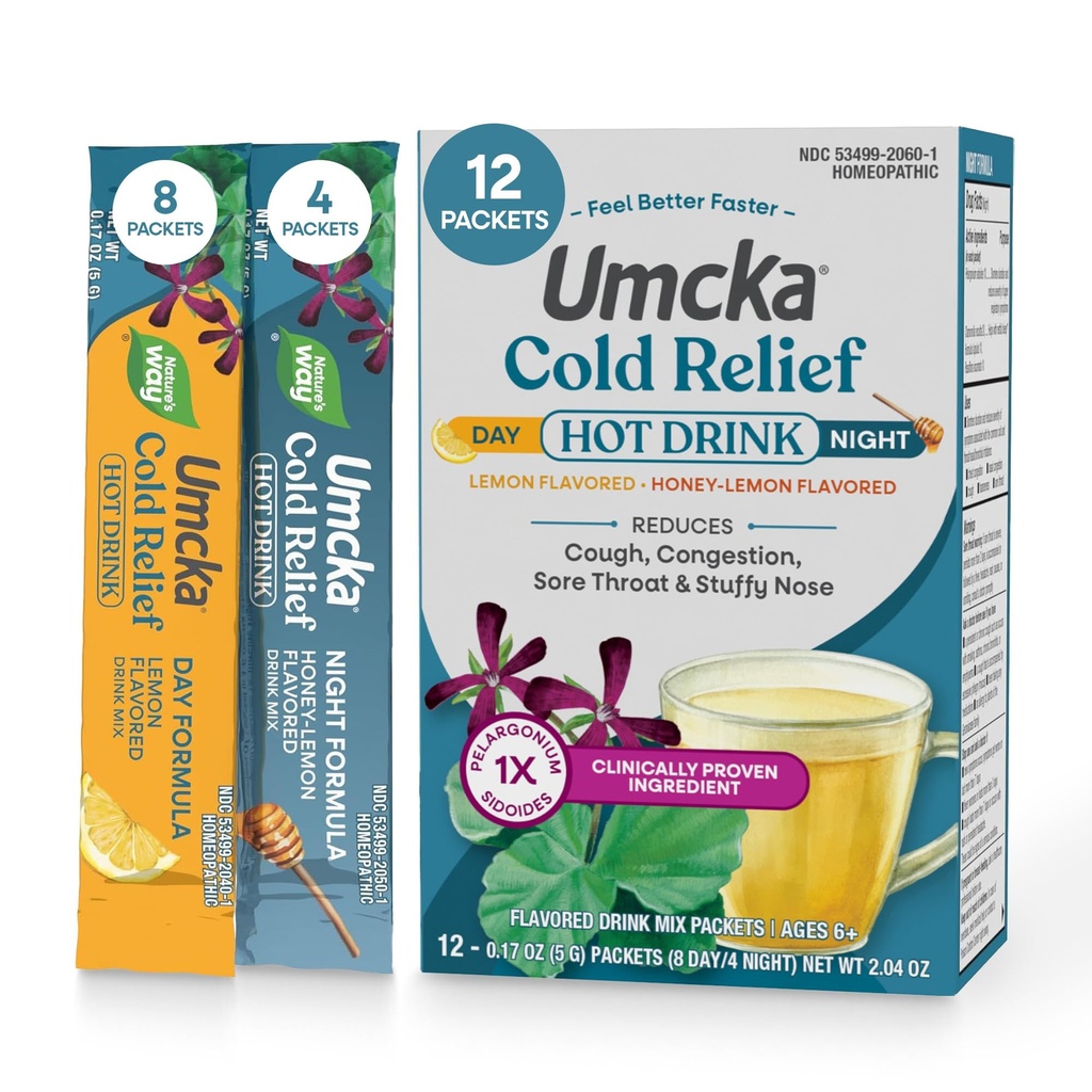 자연의 방법 찬 기복 뜨거운 음료, Umcka, Homeopathic, 임상적으로 Proven Pelargonium Sidoides 1X, 기침, 혼잡, Sore Throat, Stuffy Nose, Day & Night Formula, 12 Packets (포장 May Vary)