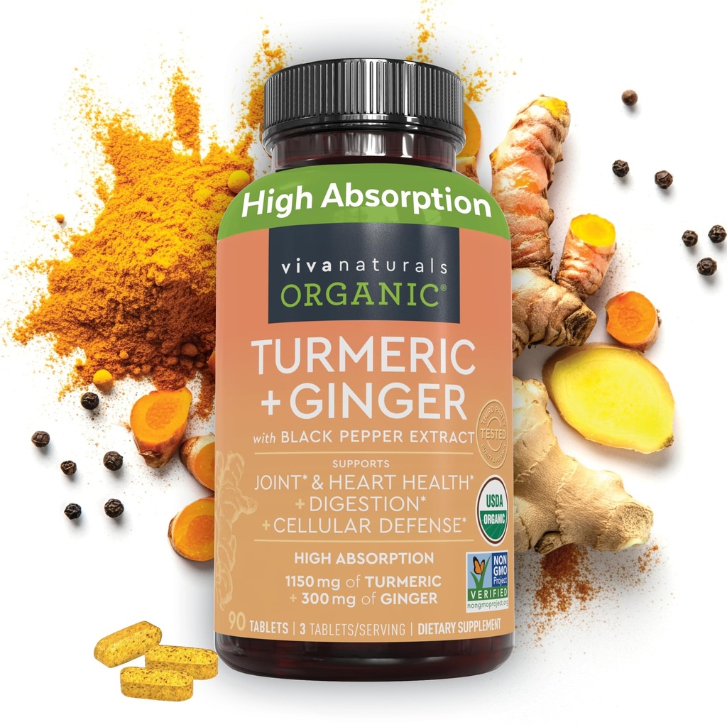 Viva Naturals Organic Turmeric 및 Ginger는 45 % Curcuminoids로 표준화 된 Turmeric 150 mg의 Turmeric과 함께 Tumeric Ginger 알약을 제공하는 공동 지원 -1450 mg의 Black Pepper Extract와 보충제를 보충합니다.