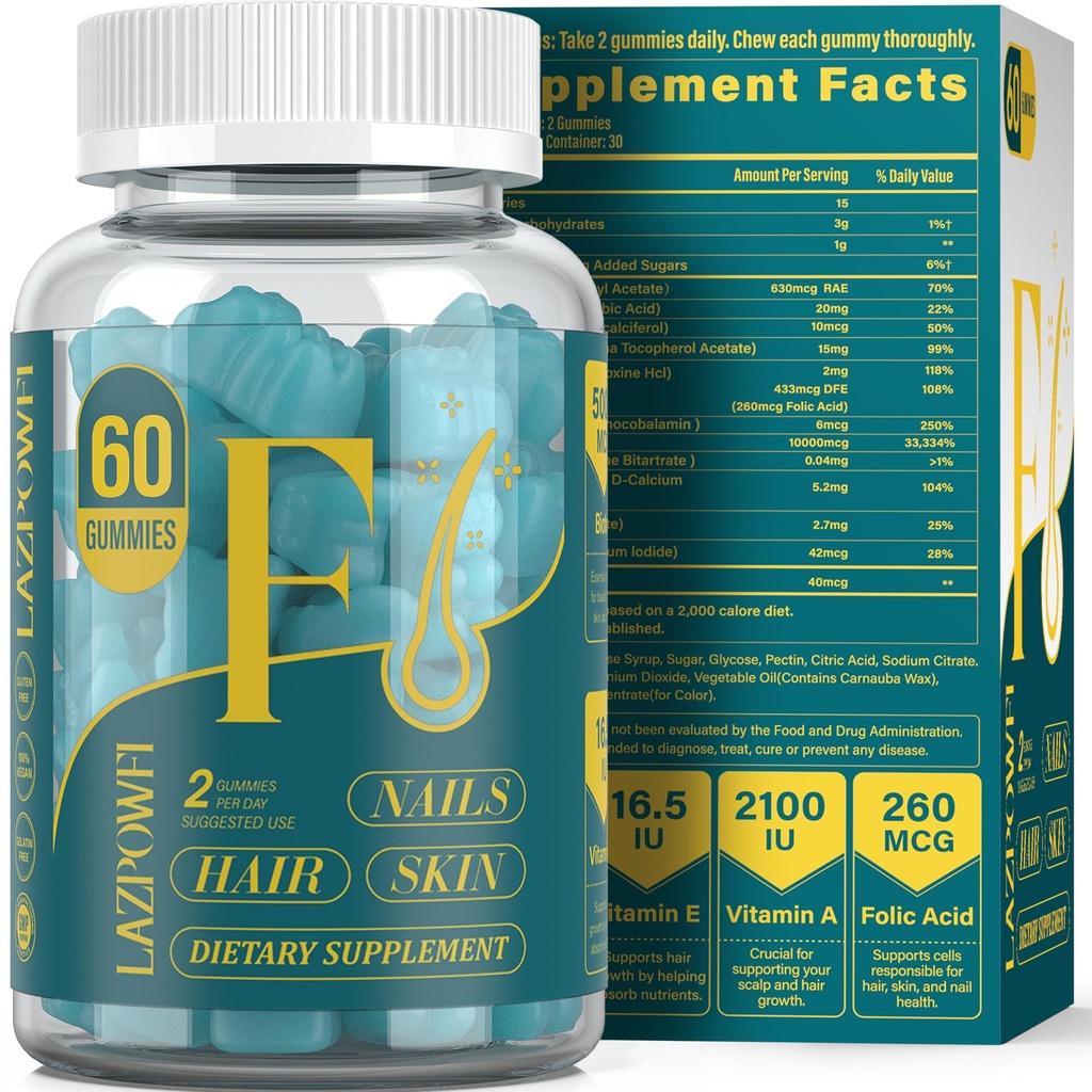 Biotin Gummies - 헤어 피부와 남성 & 여성을위한 네일 비타민, Vegan 비타민 B7, 머리 성장과 더 강한 손톱,30 일 공급 - Blueberry-60 카운트