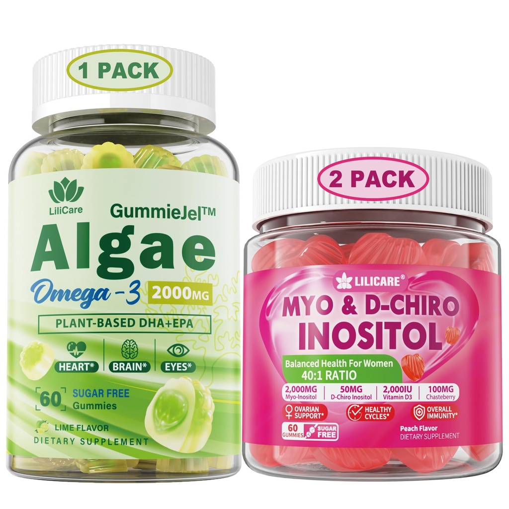 LILICARE 번들: Vegan Omega 3 보충 Gummies & Inositol Gummies 이상 40:1 비율 Myo & D-Chiro Inositol