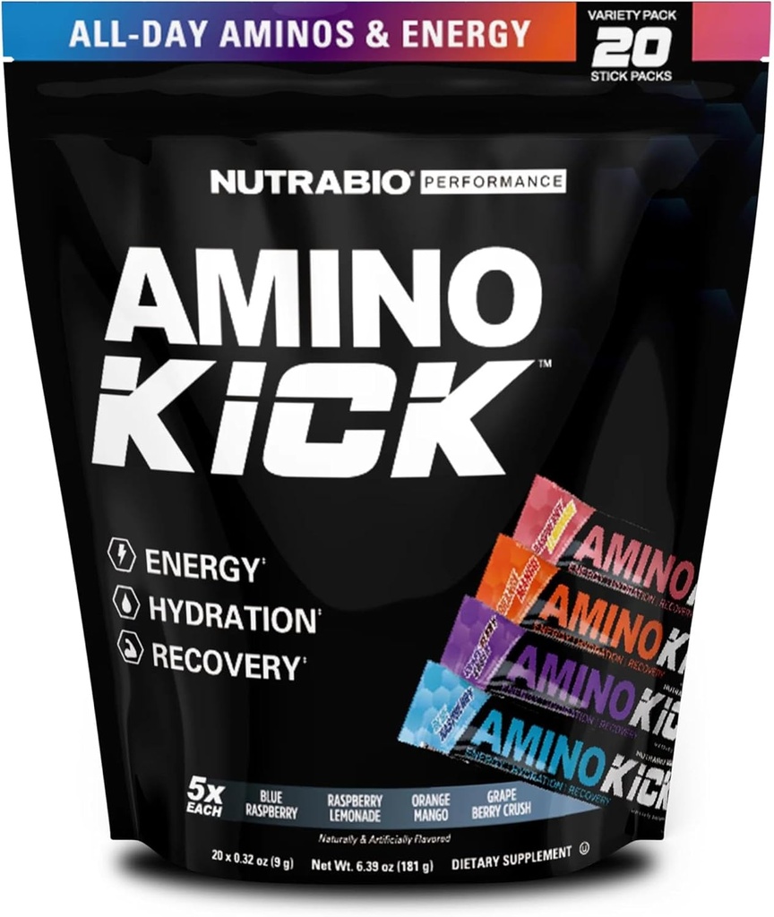 NutraBio – Amino Kick – 1개의 성능 공식 에너지, Hydration, Recovery 20 서빙, (Variety Pack) – 6g 아미노산 – 지원 근육 건물