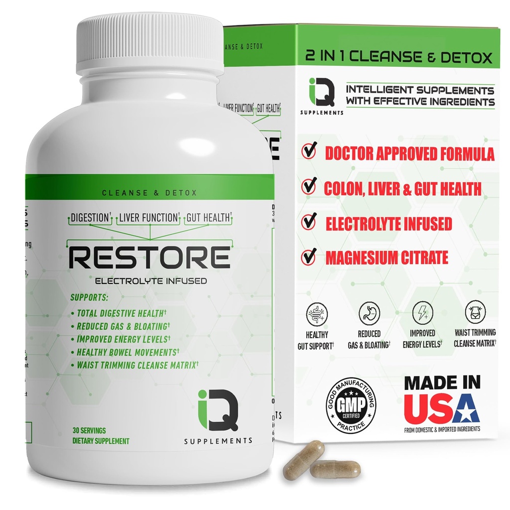 Restore 2 In 1 Colon Cleanse & Detox w/ Psyllium - 여성 및 남성, Gut Detox Cleanse w/ Magnesium의 Digestion, Debloating & Constipation Relief를 지원합니다.