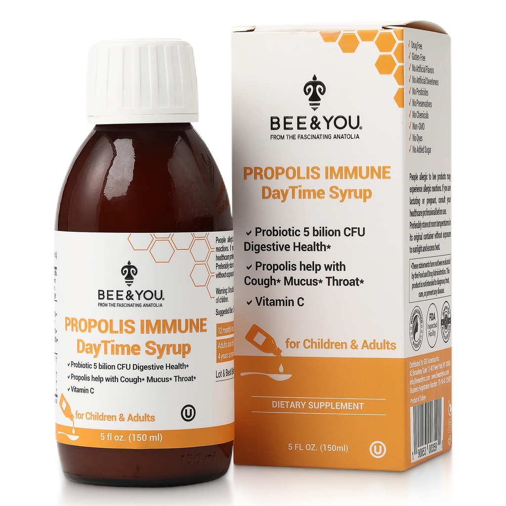 꿀벌과 당신은 Probiotic, 비타민 C, 면역 지원, 소화 건강, 항 산화제, Gut 건강 5 Fl Oz를 가진 Propolis 면역성 일 시간 시럽