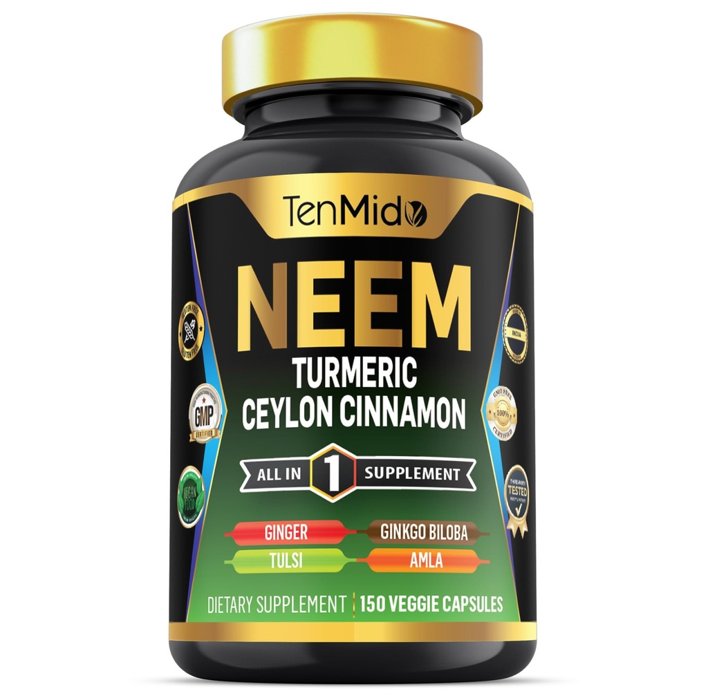 Neem 잎 보충교재 - 8in1 공식 - Turmeric, Ceylon Cinnamon, Ginger, Tulsi, Ginkgo Biloba, Amla 및 Black Pepper와 결합 - 면역 건강 지원 - 150 Vegan 캡슐