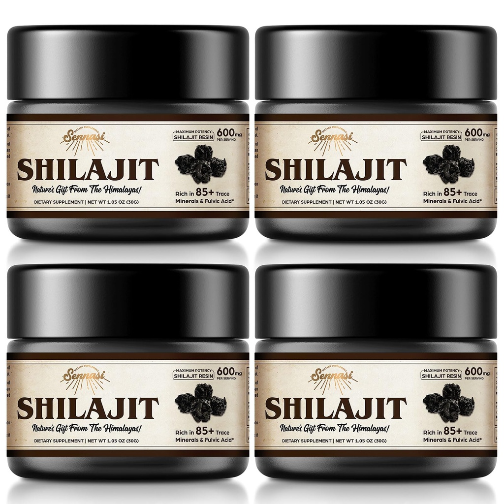 Shilajit 순수한 Himalayan 유기 Shilajit 수지 - 600mg 최대 힘 85 + Trace 무기물 & 에너지, 면역 지원, 30 그램 (4 팩)를 위한 Fulvic 산을 가진 자연적인 유기 Shilajit 수지
