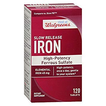 Walgreens 철 느린 방출 높은 Potency 철 황산염 45mg의 정제, 120 ea