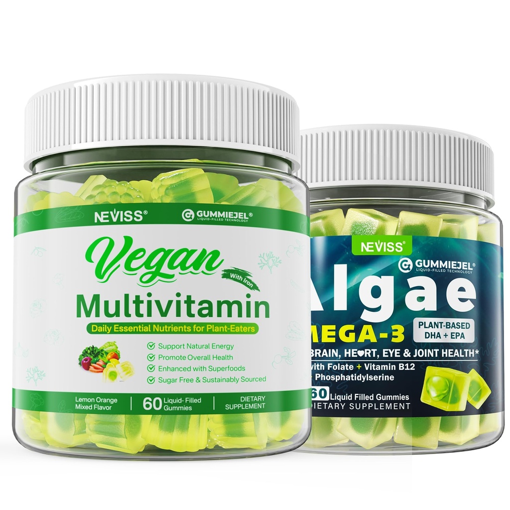 Vegan Omega 3 Gummies 1000mg with Vegan Multivitamin for Women Men with Iron, 비타민 B12, A, D3, K2, 조류 오메가 3, 마그네슘, 아연