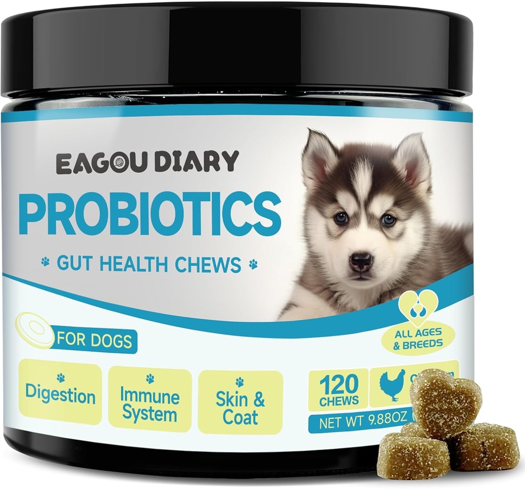 개를위한 Eagou Diary Probiotics - 소화 건강을위한 개 Probiotics, Prebiotics, Goat 우유, Omega 3, 비타민, Canine Diarrhea, Stomach, Gas Relief - 120 Ct