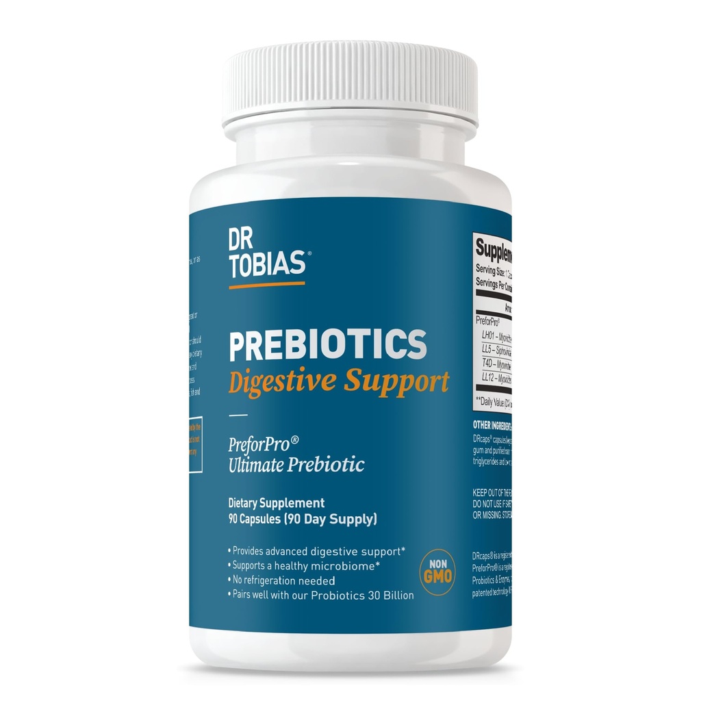 Tobias Prebiotics 소화 지원, Gut Health, Immune Function & Boost for Probiotics for Women & Men, Vegan, Non-GMO, 90 캡슐, 90 서빙