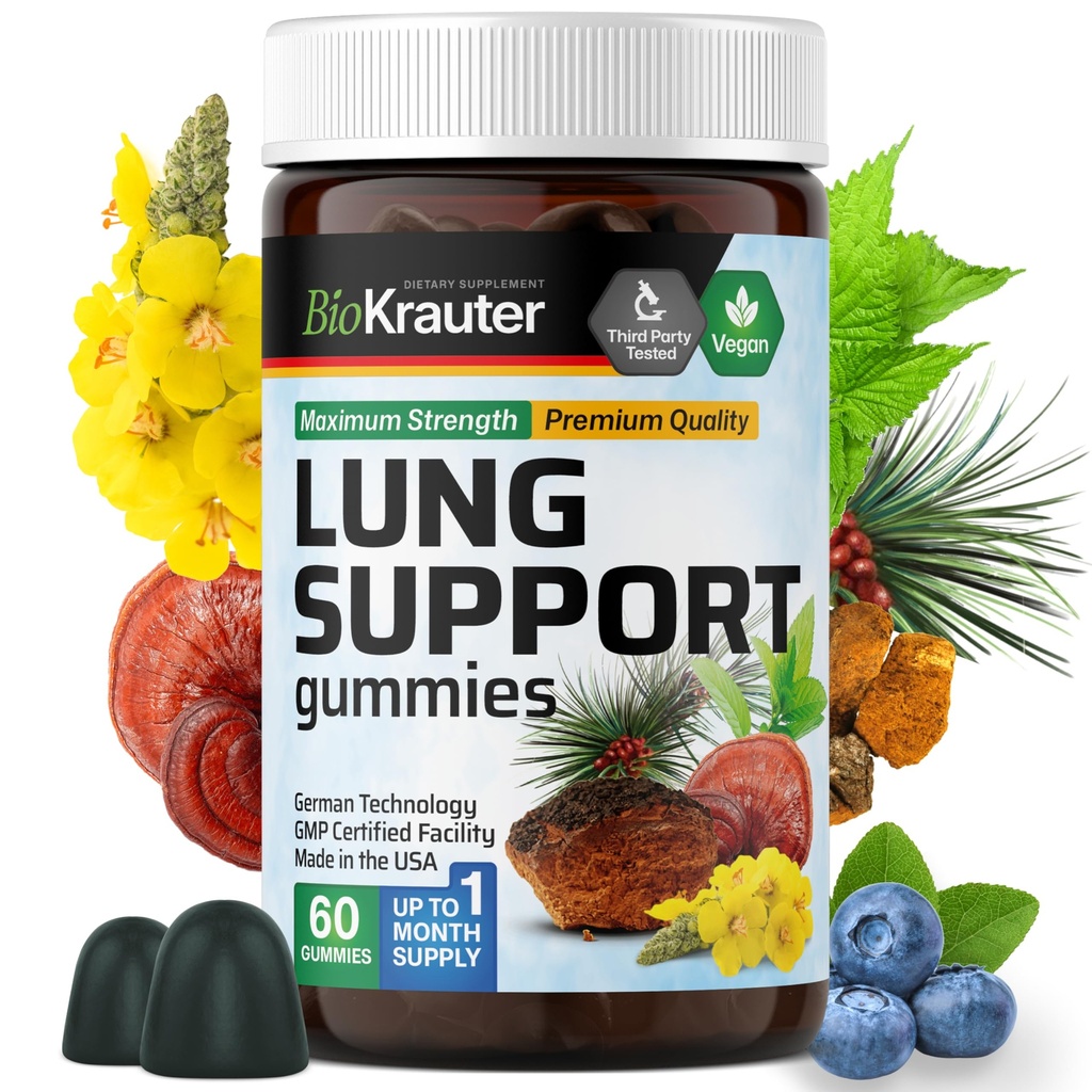 BIO KRAUTER Lung Detox Gummies - 60 Vegan Chews - Lung Cleanse 보충교재 w/Vitamin C & Mullein 잎 혼합 - 호흡 지원