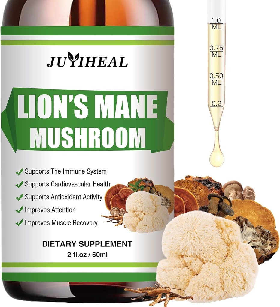 Lions Mane Liquid - 두뇌 지원, 에너지, 메모리 및 초점 - 설탕 및 알코올 무료 라이온 Mane 보충 - 2 Fl OZ, 2 개월 공급