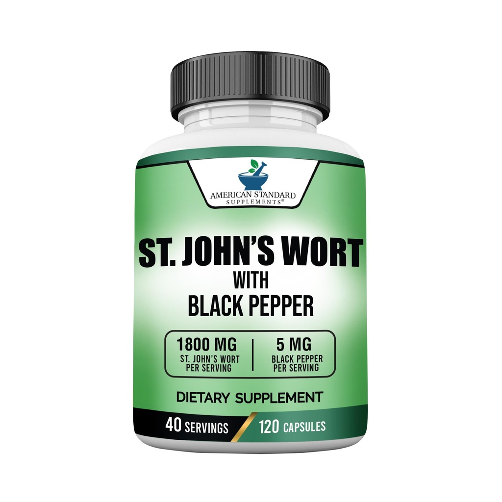 미국 표준 보충제 St. John 's Wort 1800mg 블랙 페퍼 과일 추출 - Vegan, Gluten Free, Non-GMO, 120 캡슐, 40 서빙