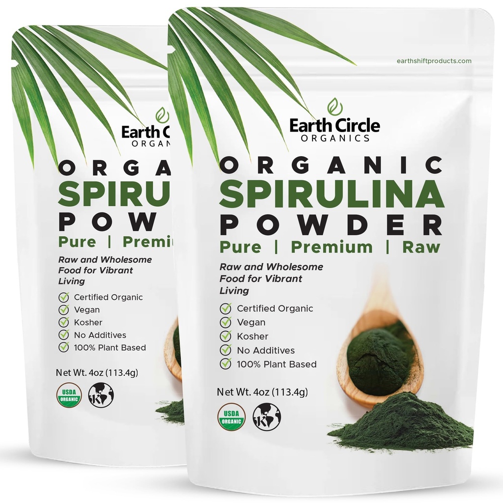 Earth Circle Organics Spirulina Powder, Kosher, Raw 및 Non-Irradiated | 순수 채식 단백질 | 아미노산 및 산화 방지제의 우수한 Superfood - 4 Ounce (2 팩)