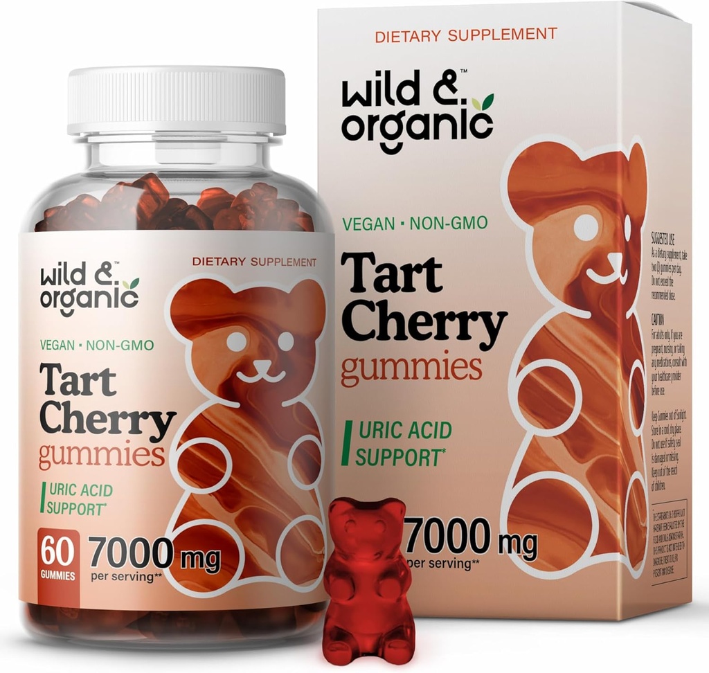 Wild & Organic Tart Cherry Gummies 7000 mg - 우레탄 레벨 지원을위한 Tart Cherry Extract 보충 - 60 Vegan, Non-GMO Chews