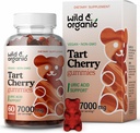 Wild & Organic Tart Cherry Gummies 7000 mg - 우레탄 레벨 지원을위한 Tart Cherry Extract 보충 - 60 Vegan, Non-GMO Chews