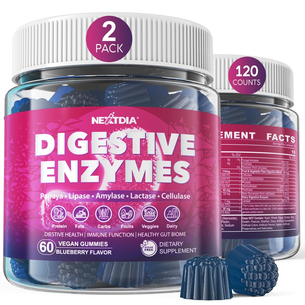 여성 및 남성 Gummies w / Probiotics, Papaya, Bromelain, Ginger - Bloating Relief & Gut Health Chewable Supplement Digest Proteins Dairy Carbs Veggies Fats, Sugar Free Vegan, 120Cts