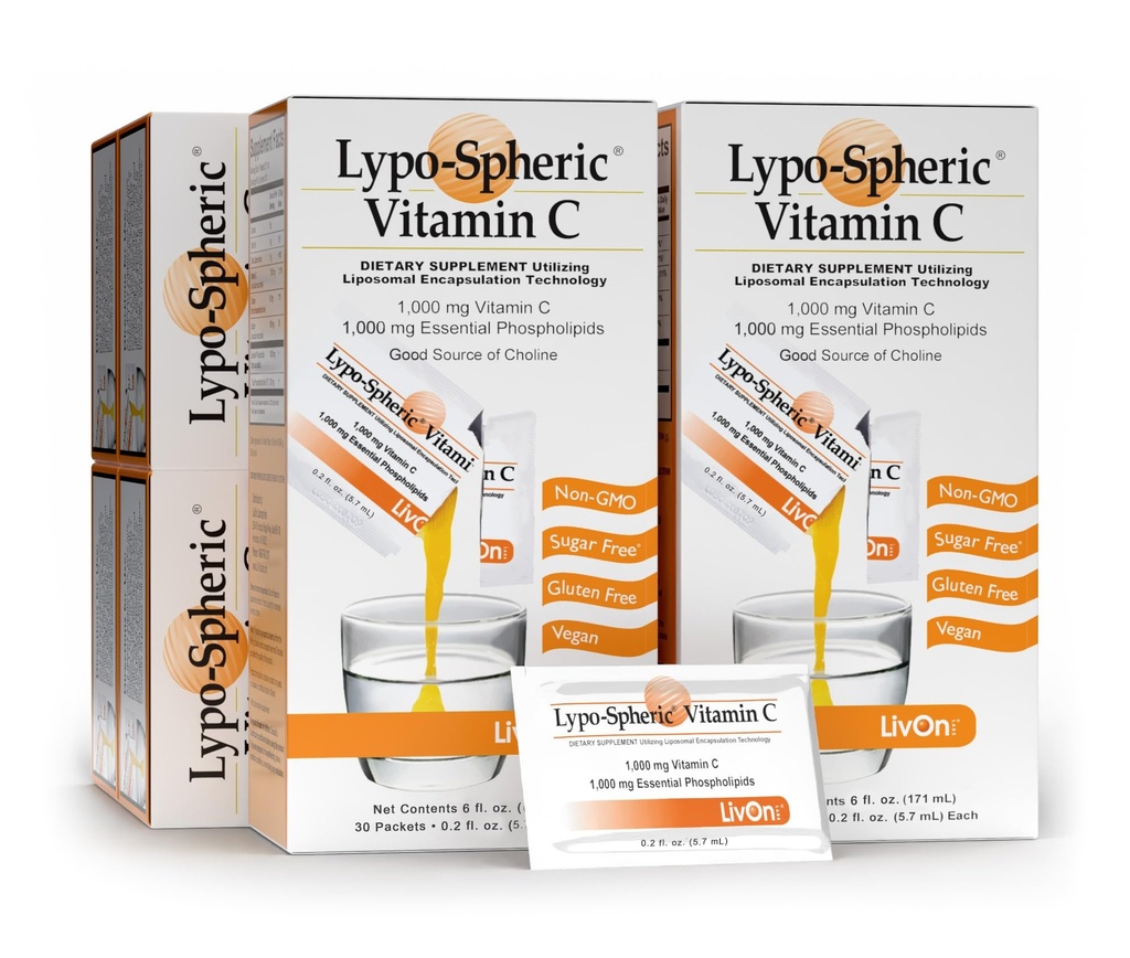 LivOn Laboratories Lypo-Spheric 비타민 C - 6 카톤 (180 패킷) - 1,000 mg 비타민 C & 1,000 mg 에센셜 포지 당 소포 - 개선 흡수에 캡슐화 - 100 % Non-GMO
