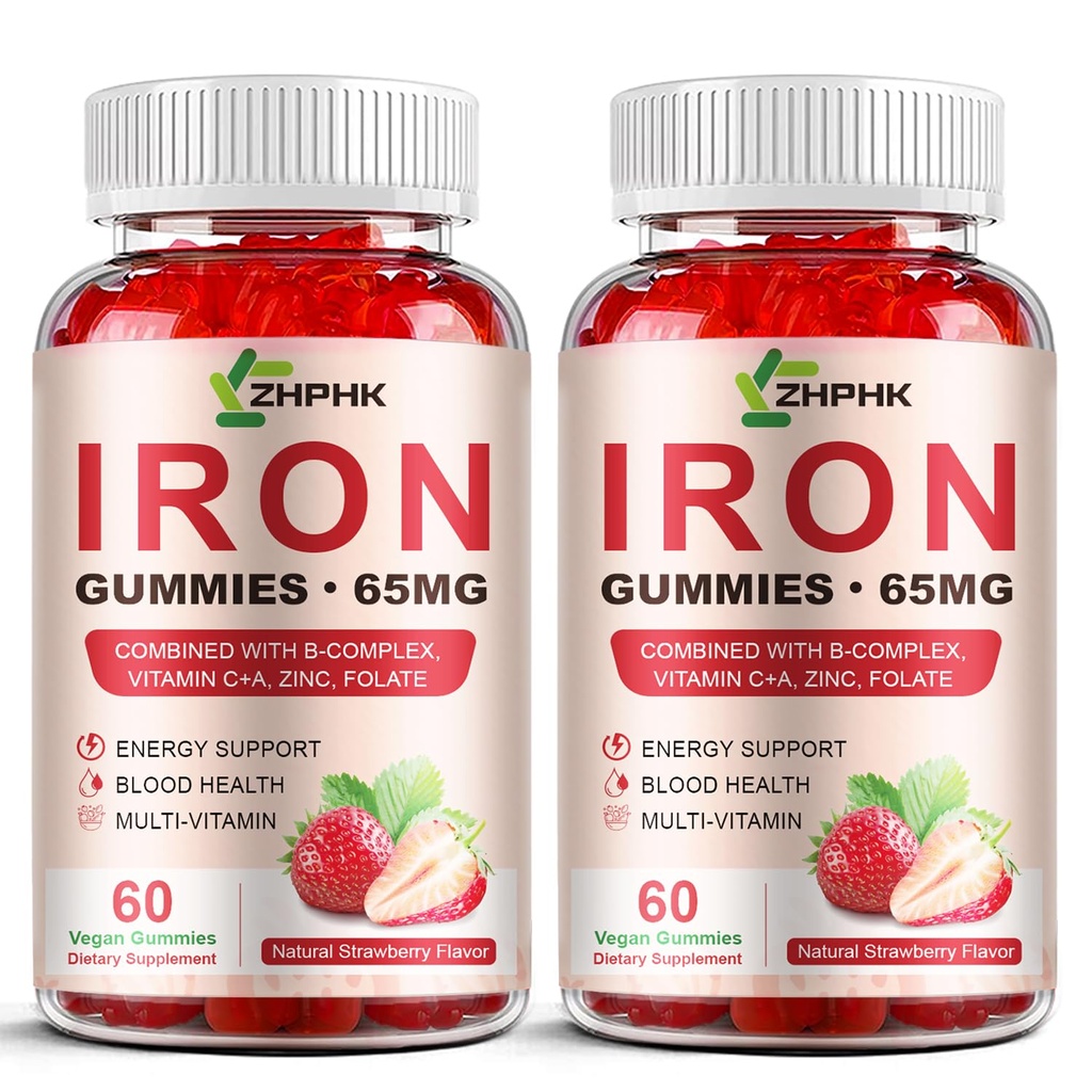 여자, 남자 & 아이, 65mg 철 & 250mg 비타민 C를 위한 철 보충교재 Gummies 봉사 당 - 건강한 혈액, 에너지 & 면역 지원 철 비타민 거미는 Folate, 2 팩을 가진