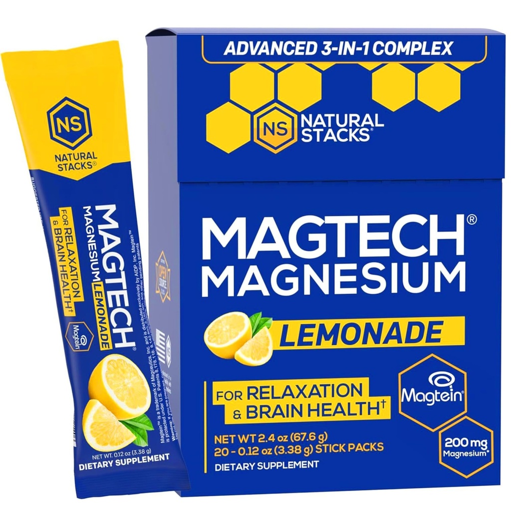 MagTech 마그네슘 음료 혼합 - 설탕 무료 레몬 - 마그네슘의 3 가지 형태 : Magtein L-Threonate, Glycinate & Taurate - 200mg 킬레이트 마그네슘 복합체 - 지원 Relaxation & Brain Health - 20 서빙