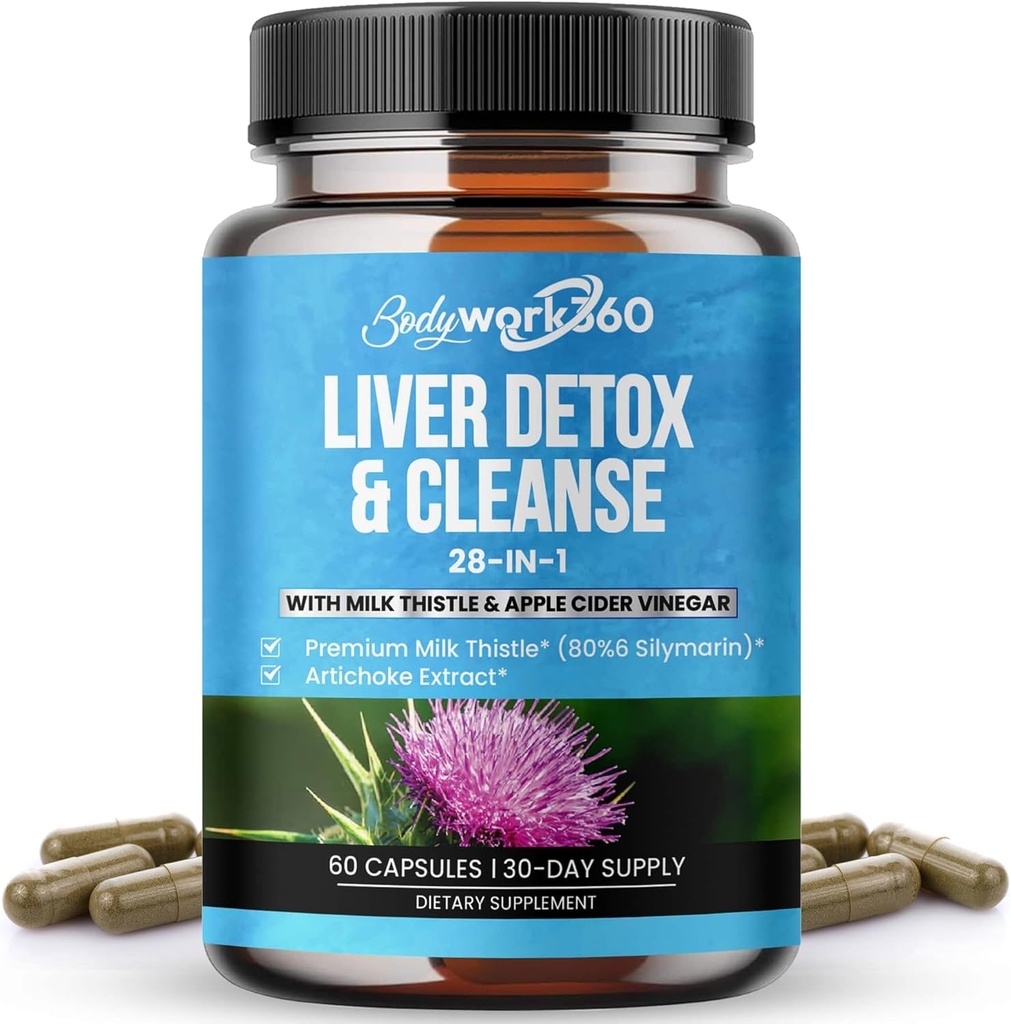 Liver Detox & Cleanse - 28-in-1 Liver Repair & Support Supplement for Men & Women with Milk Thistle, Apple Cider Vinegar, Dandelion Root Extract & Artichoke Extract - 비 GMO, 60 캡슐