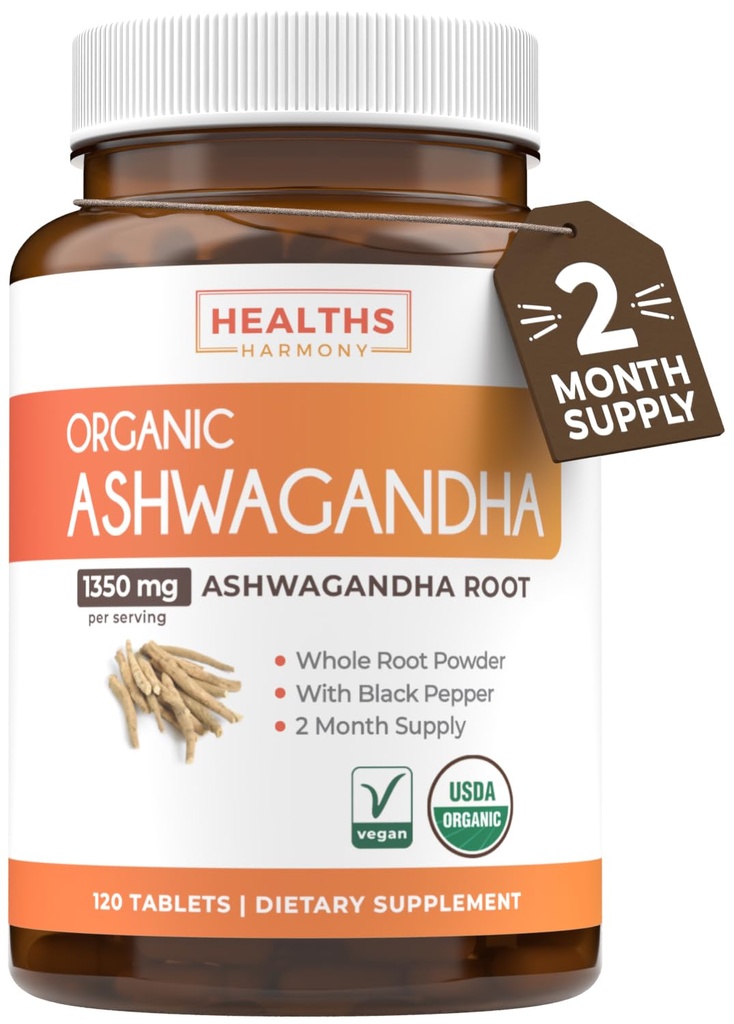 USDA 유기 Ashwagandha 보충교재 - 강화된 흡수를 위한 유기 까만 고추로 만드는 높은 Potency Ashwagandha 알약 - 미국 & 실험실에서 하는 Vegan Non-GMO Verified (2 달 공급)