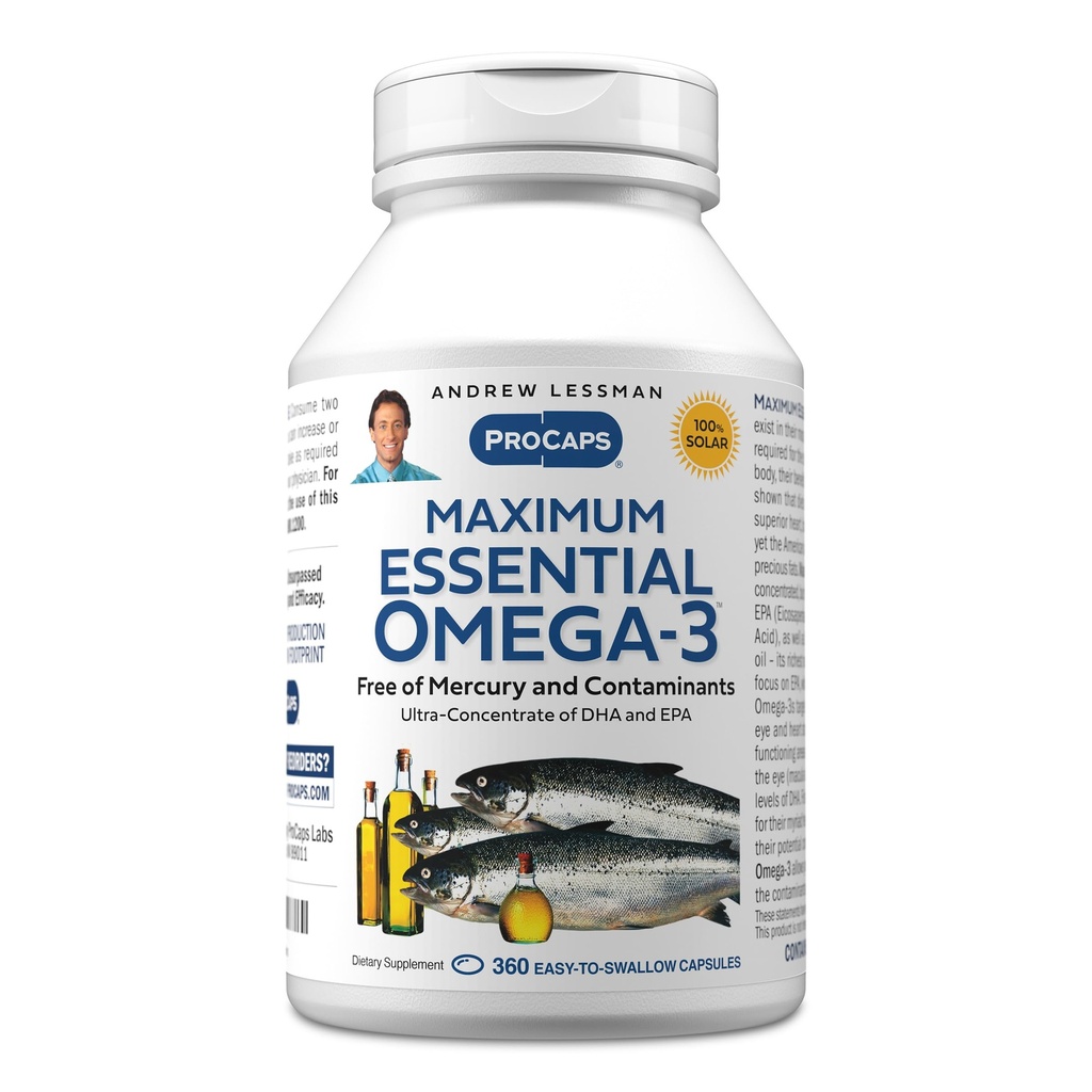 ANDREW LESSMAN 최대 Essential Omega-3 Unflavored, 360 Softgels - Ultra-Pure Omega-3 물고기 기름 1200 mg-High DHA, 수성 보충교재 - 작은 없음, 삼키기 물고기 기름 캡슐에 쉬운