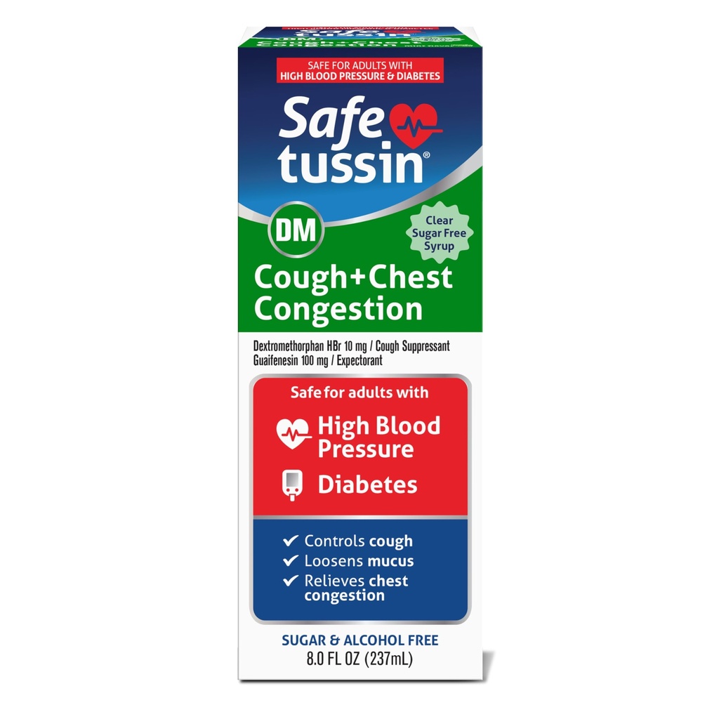 Safetussin DM Cough & Chest Congestion, 8 oz, 기대 Mucus Relief, Cough Relief Syrup, 고혈압 및 당뇨병이있는 성인을위한 안전