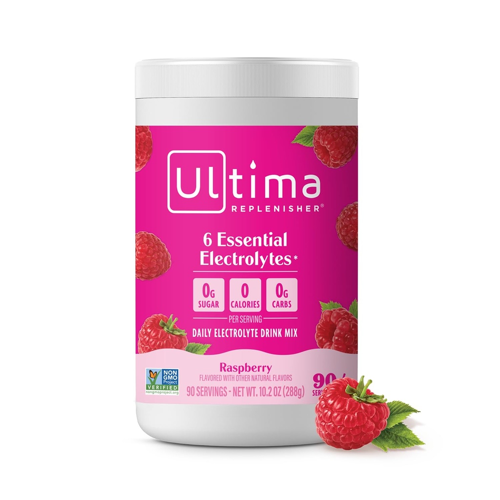 Ultima Replenisher Daily Electrolyte Powder Drink Mix - Sugar Free - Raspberry, 90 서빙 - 6 키 Electrolytes 및 Trace Minerals와 Hydration Powder - Keto Friendly, Vegan, Non-GMO