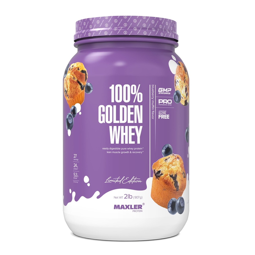 Maxler 100 % Golden Whey Protein - 서빙 당 단백질 24g - 사전 포스트 운동을위한 프리미엄 Whey Protein Powder - 빠른 흡수 Whey 농축물, Isolate & Hydrolysate Blend - Blueberry Muffin 2 lb