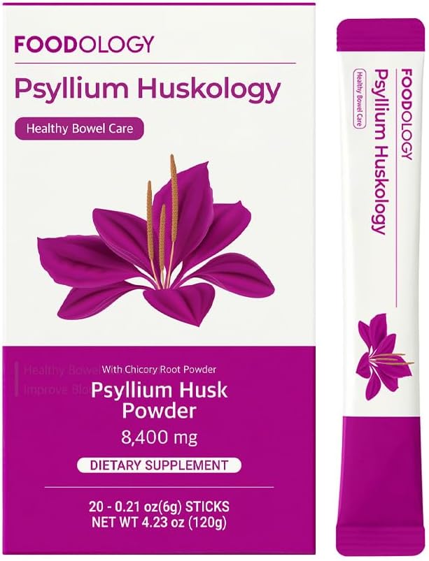 FOODOLOGY Psyllium Huskology (20 스틱, 10 일) - 변비 완화, 과트 건강을위한 초본 심리 Husk 보충. 식물 근거한 규정식 섬유, 최대 힘 7,200mg.