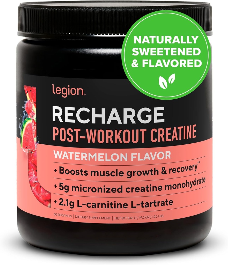 LEGION Athletics Recharge Post 운동 보충 - Creatine Monohydrate를 가진 모든 자연적인 근육 건축업자 & 회복 음료. 자연적으로 감미롭고 맛있고, 안전하고 건강한 (수박, 60 인분)