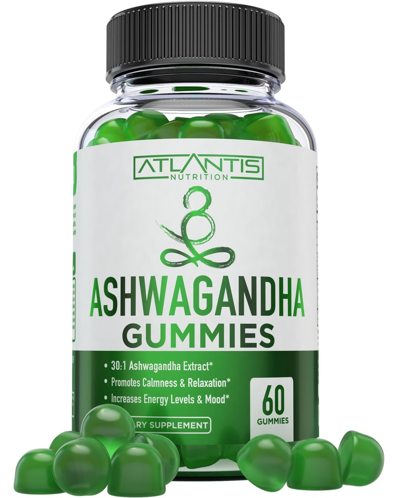 Atlantis Nutrition Ashwagandha Gummies - 1500 MG Per 서빙 - Calmness 촉진, Mood 개선, 부스트 에너지 레벨 및 힘 면역 체계 - 비타민 D 및 아연으로 공식화 - Vegan | 60 개