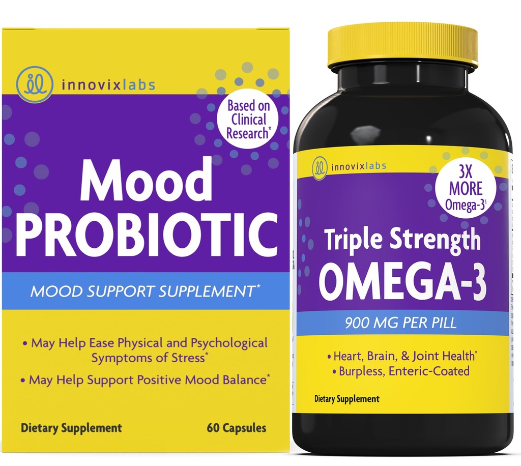 InnovixLabs Mood Probiotic & Triple Omega Bundle 무드 프로바이오틱스 (60 캡슐) 트리플 파워 오메가-3 생선 오일 (200 Softgel). 뇌, 관절 및 면역 건강 지원*