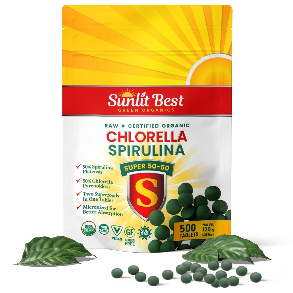Sunlit Super 50/50 Organic Chlorella Spirulina Tablets - 면역 지원을위한 슈퍼 보충, Gut Health, Mood & Energy - Chlorophyll, Amino Acids & Vegan Protein, 500 Superfood Tabs에 풍부한