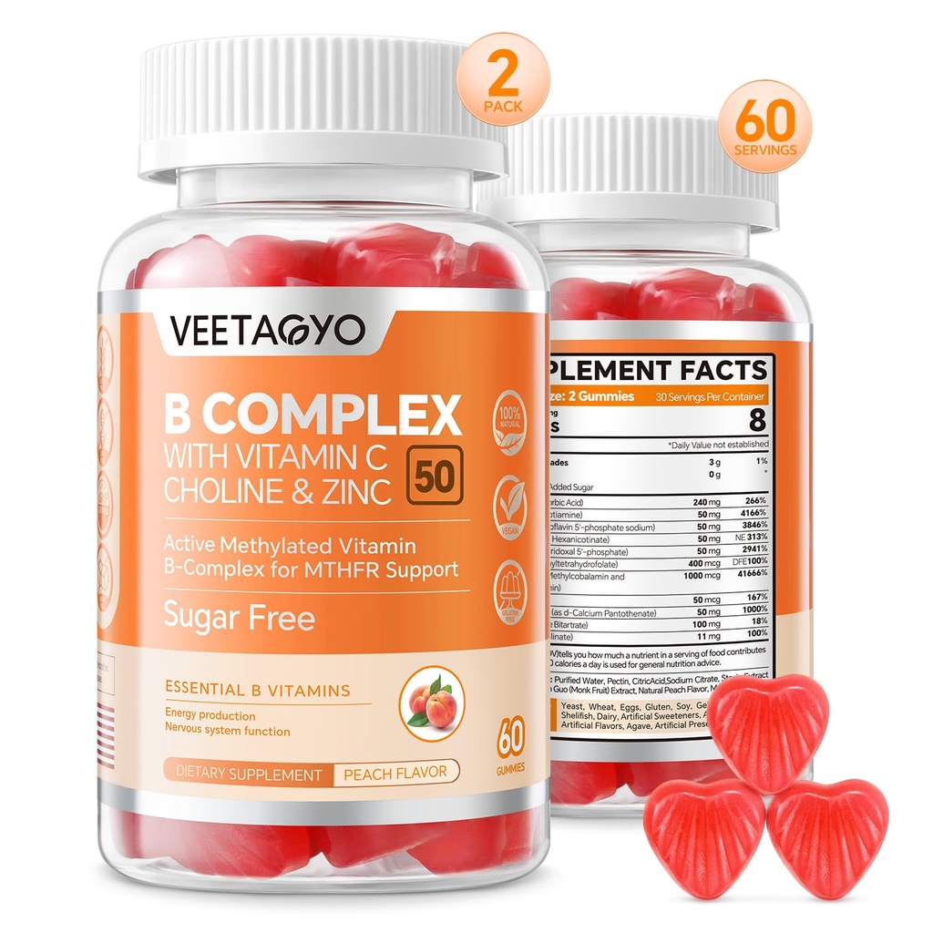 B Complex 50 Gummies, 비타민 C, 콜린 & 아연을 가진 메틸을 섞는 B 복합체 - 에너지, 메틸을 섞는 지원을 위한 활동적인 메틸을 섞는 - 모든 B 비타민 - B1, B2, B3, B5, B6, B7, B9, B12 - 설탕 자유로운, 120 조사