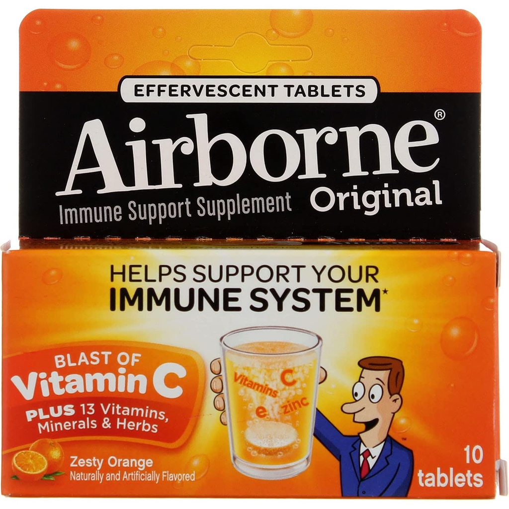 비타민 D & 아연을 가진 Airborne 1000mg 비타민 C, 설탕 자유로운 Multivitamin 면역 지원 보충교재, 산화 방지제 비타민 A C & 비타민 E, 10 Effervescent 정제, 과민한 오렌지 풍미
